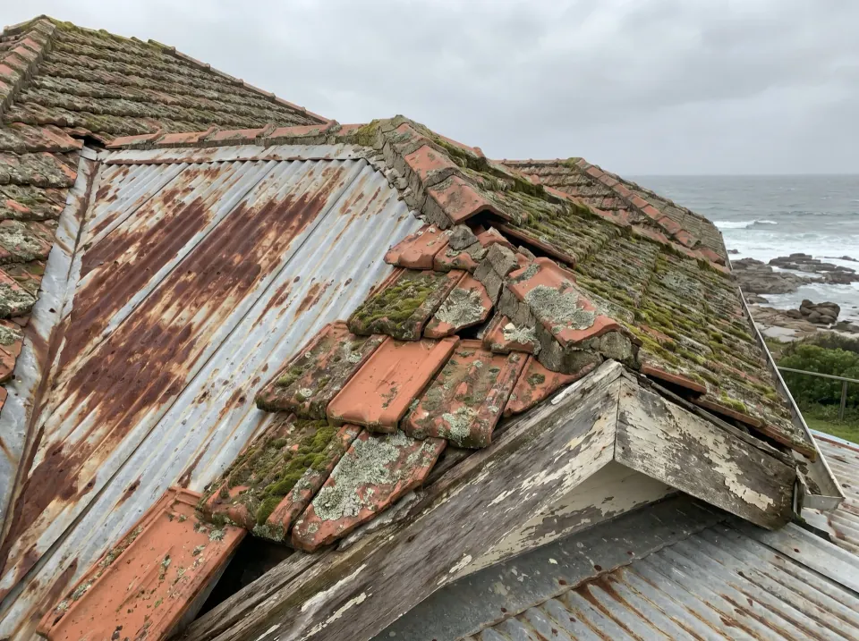 Weathered roof on a Sapphire Coast home showing rust streaks and lichen on the sheets