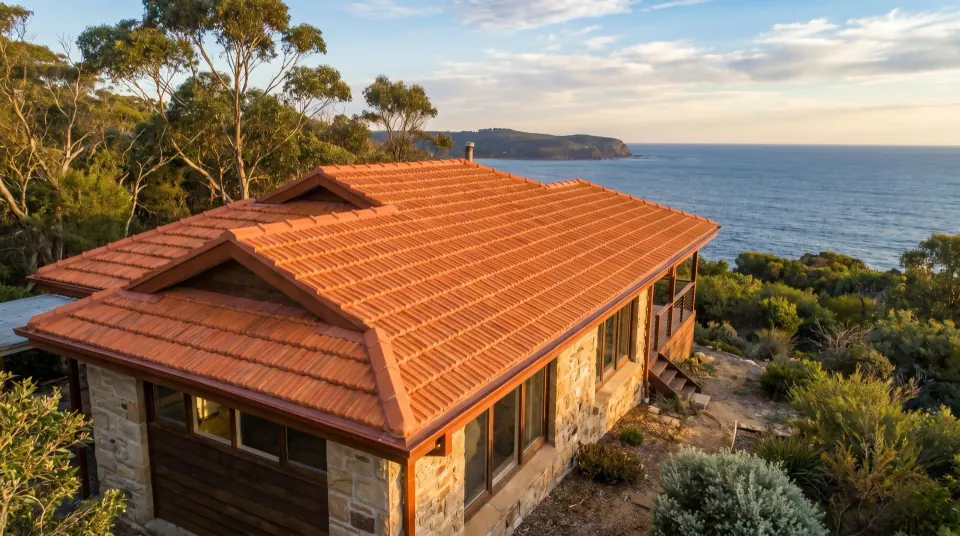 Restored terracotta tile roof with freshly re-bedded and repointed ridge caps at golden hour
